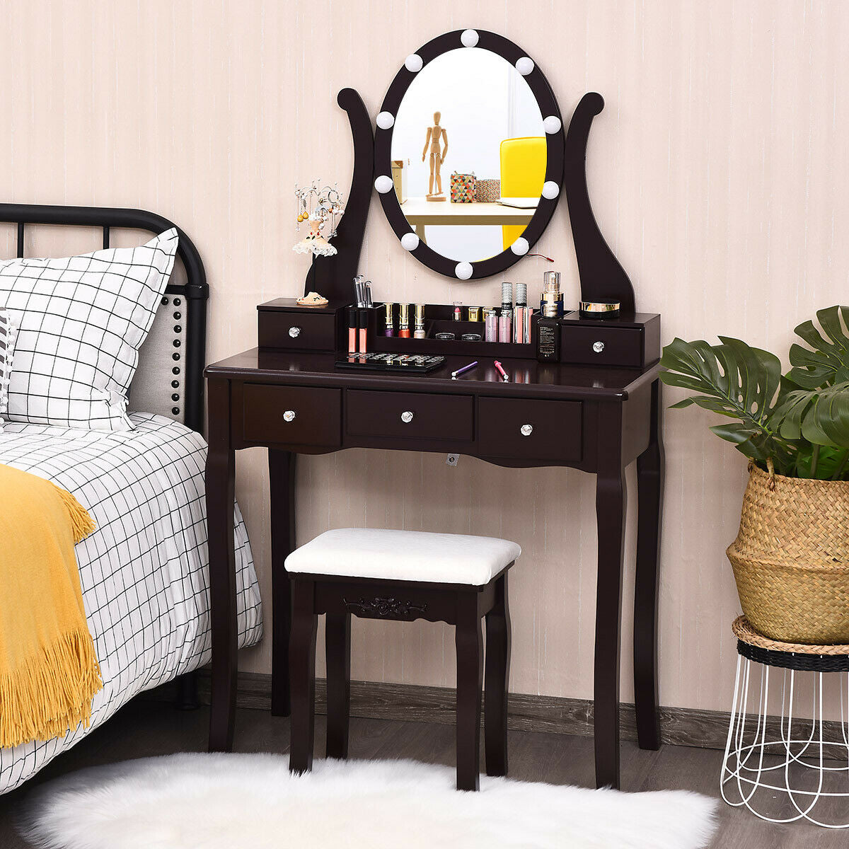10 Dimmable Lights Vanity Table Set with Lighted Mirror and Cushioned Stool, Brown Makeup Vanities at Gallery Canada