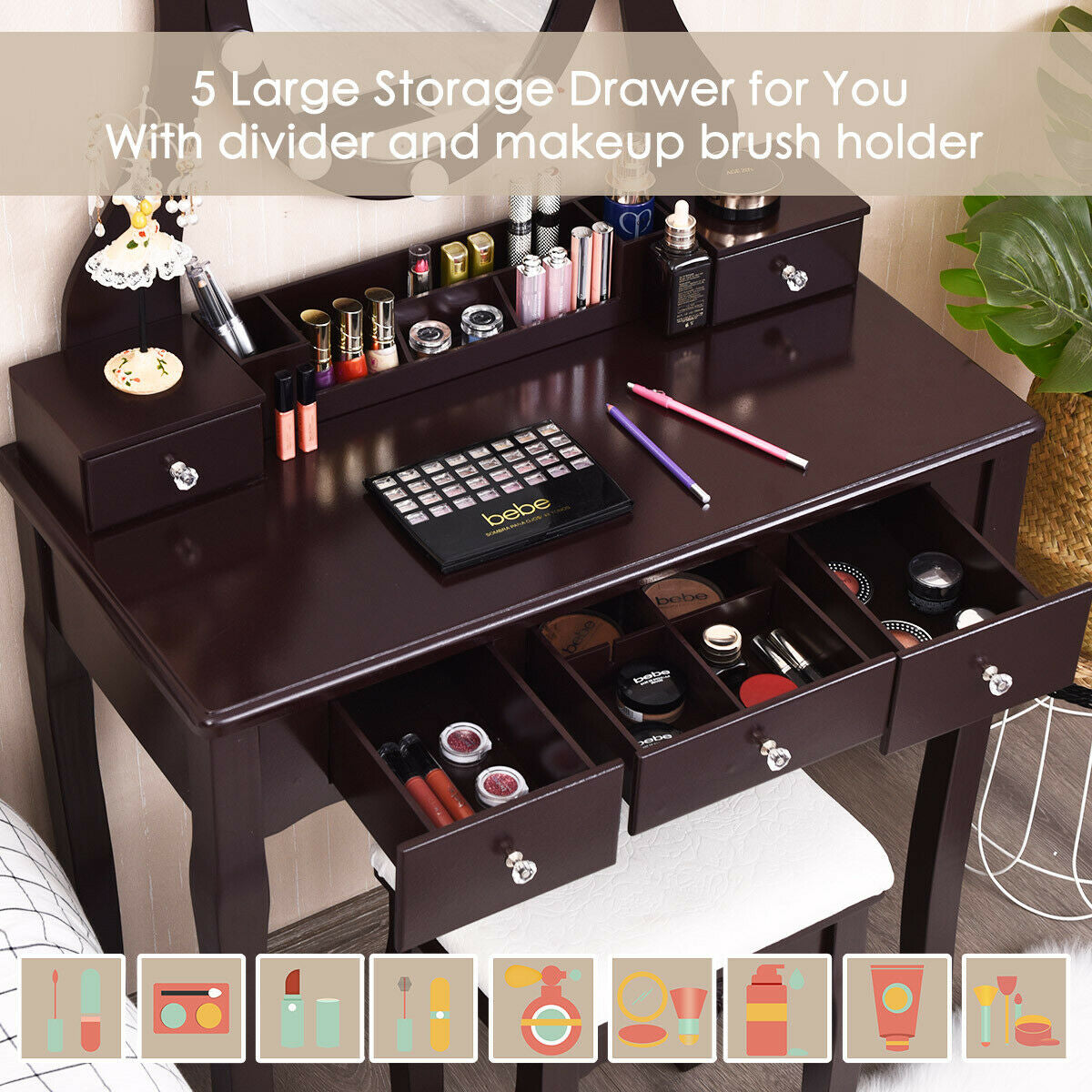 10 Dimmable Lights Vanity Table Set, Lighted Mirror, Cushioned Stool, Brown Makeup Vanities at Gallery Canada