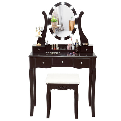 10 Dimmable Lights Vanity Table Set with Lighted Mirror and Cushioned Stool, Brown Makeup Vanities at Gallery Canada