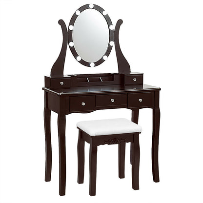 10 Dimmable Lights Vanity Table Set, Lighted Mirror, Cushioned Stool, Brown Makeup Vanities Brown at Gallery Canada