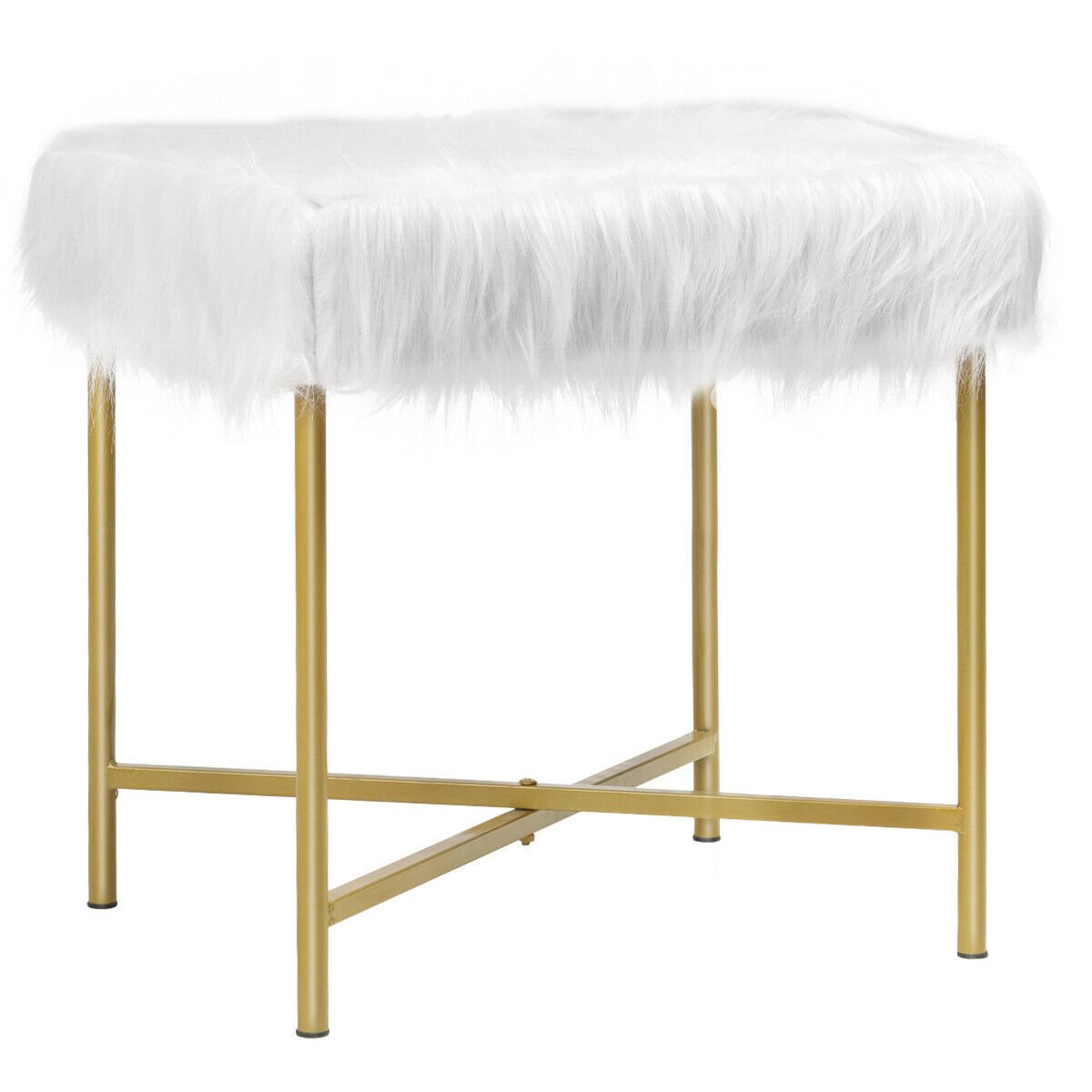 Faux Fur Ottoman Decorative Stool with Metal Legs, White - Gallery Canada
