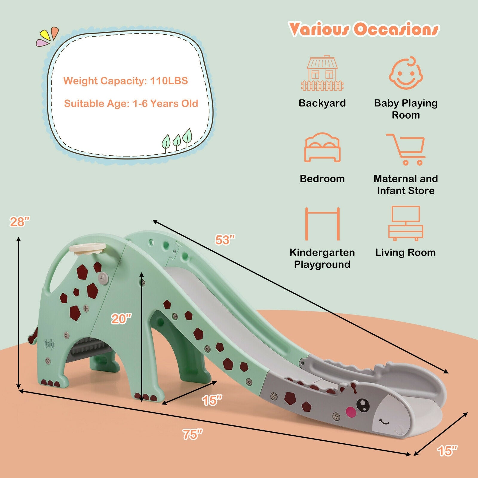 3-in-1 Kids Climber Slide Play Set with Basketball Hoop, Green Climbers & Slides at Gallery Canada