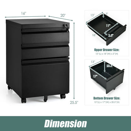 3-Drawer Mobile File Cabinet Stee with Lock, Black - Gallery Canada