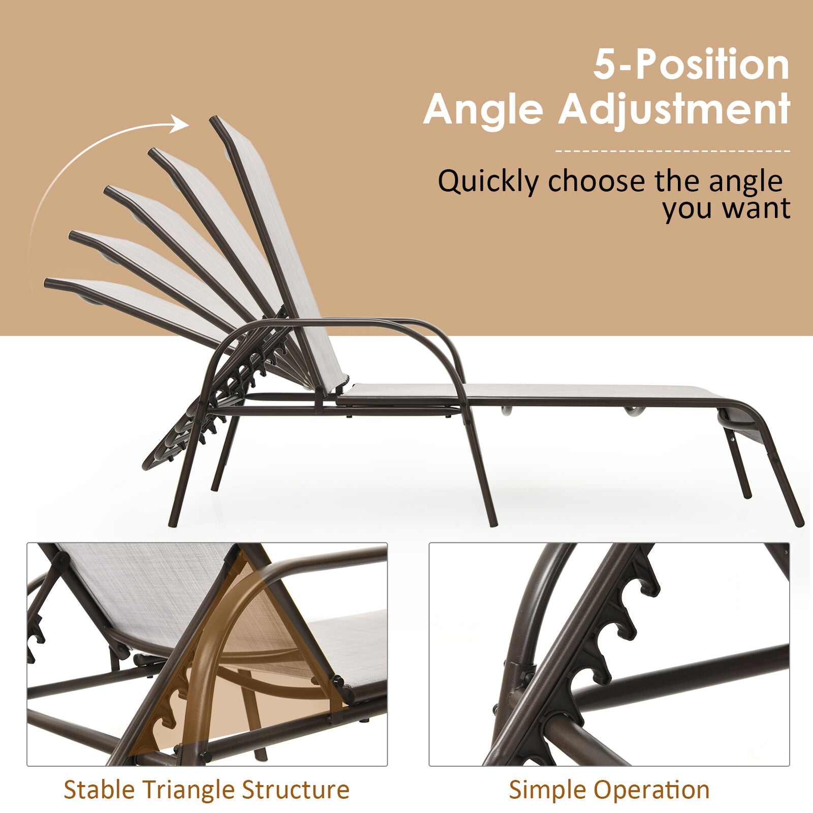 2 Pieces Outdoor Patio Lounge Chair Chaise Fabric with Adjustable Reclining Armrest, Gray Outdoor Chaise Lounges at Gallery Canada