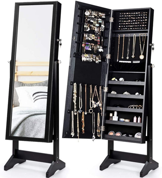 Jewelry Cabinet Stand Mirror Armoire with Large Storage Box, Black - Gallery Canada