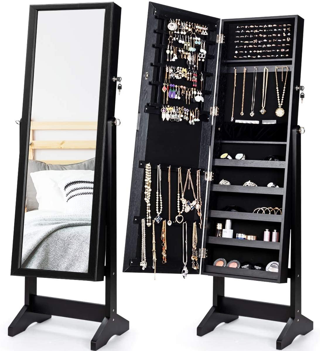 Jewelry Cabinet Stand Mirror Armoire, Large Storage Box, Black Jewelry Armoires Black at Gallery Canada
