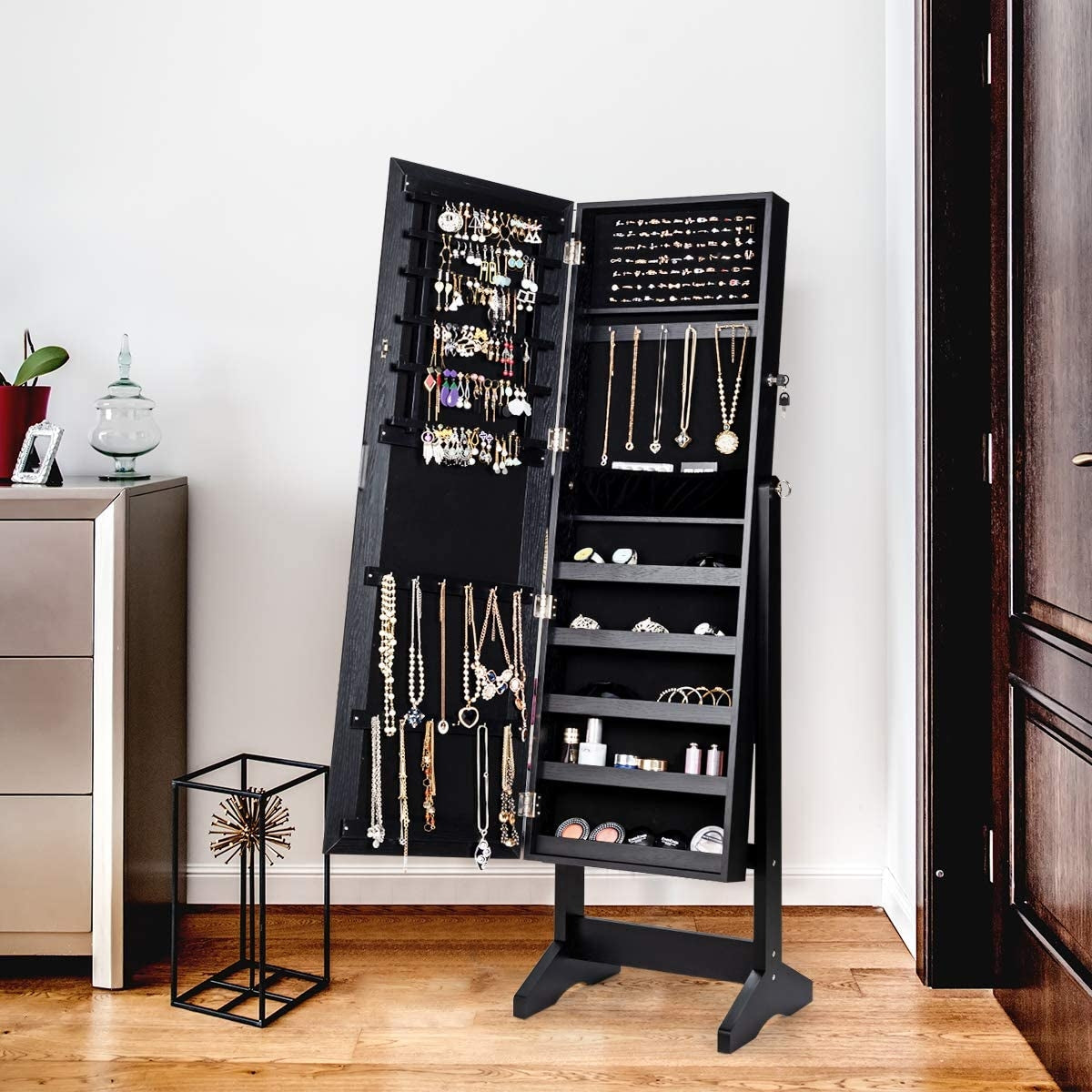 Jewelry Cabinet Stand Mirror Armoire with Large Storage Box, Black Jewelry Armoires at Gallery Canada