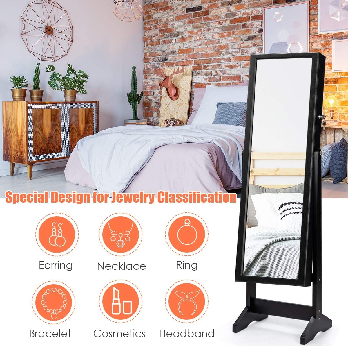 Jewelry Cabinet Stand Mirror Armoire with Large Storage Box, Black Jewelry Armoires at Gallery Canada