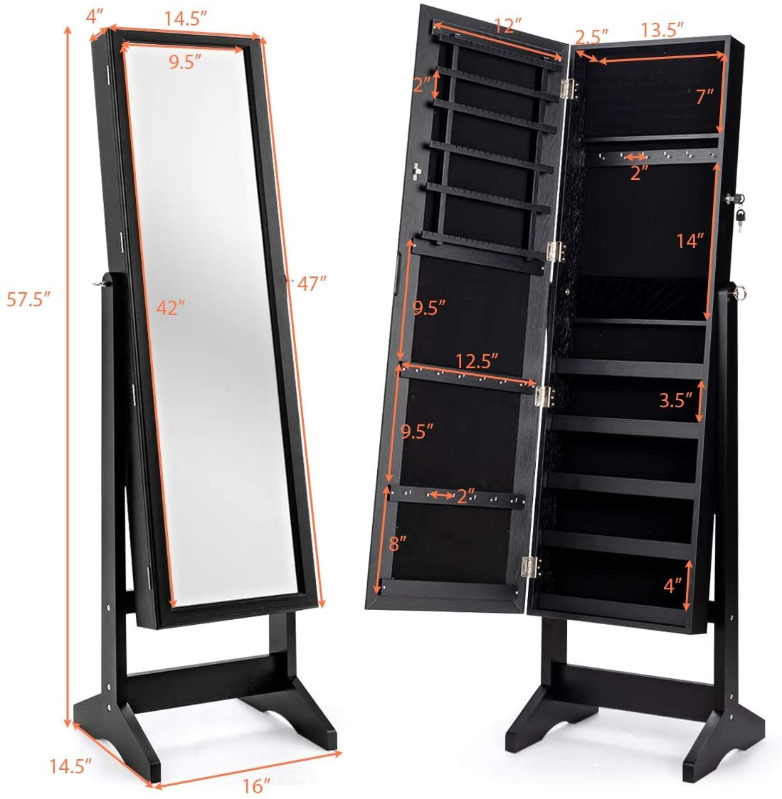 Jewelry Cabinet Stand Mirror Armoire with Large Storage Box, Black Jewelry Armoires at Gallery Canada