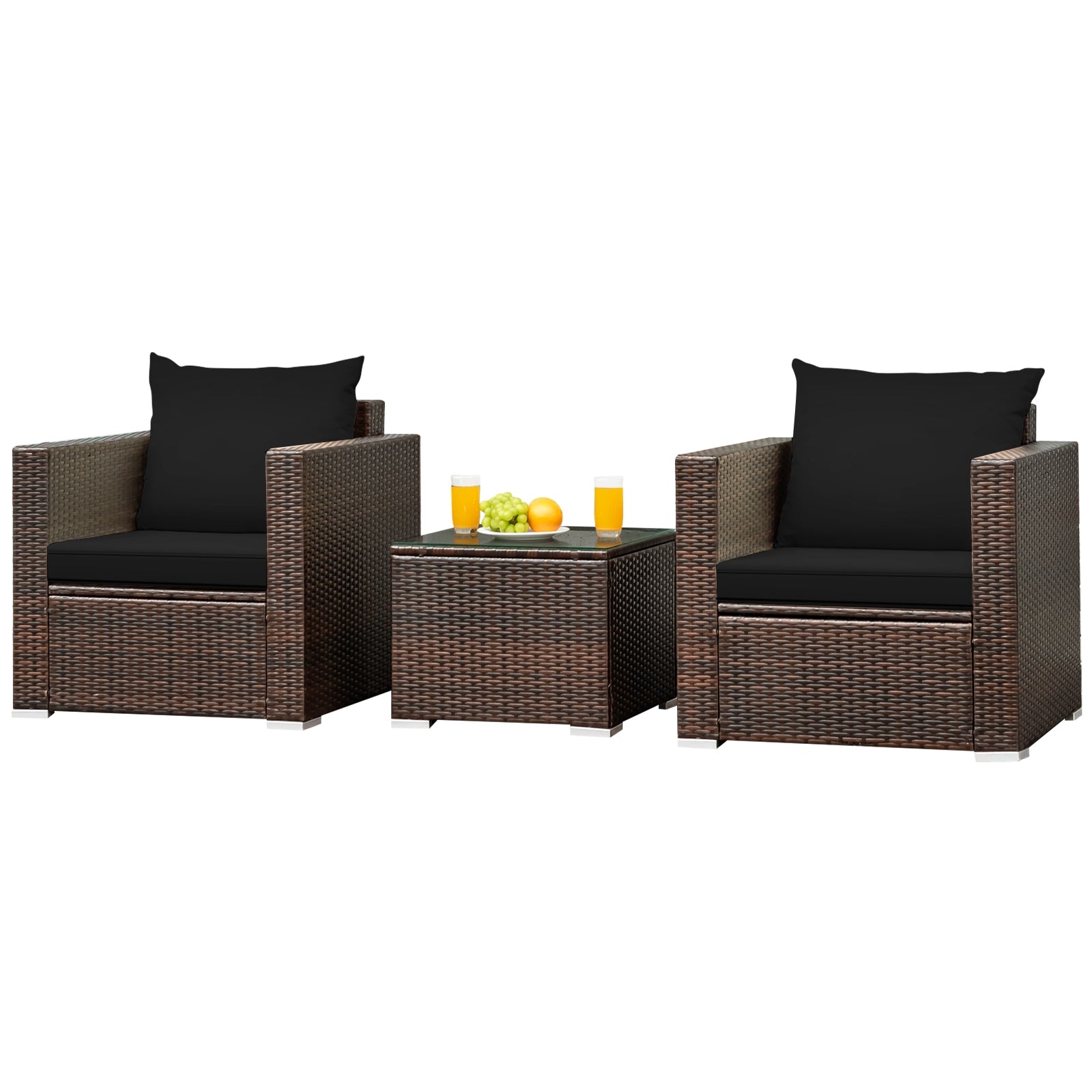 3 Pcs Patio Conversation Rattan Furniture Set with Cushion, Black Patio Conversation Sets at Gallery Canada