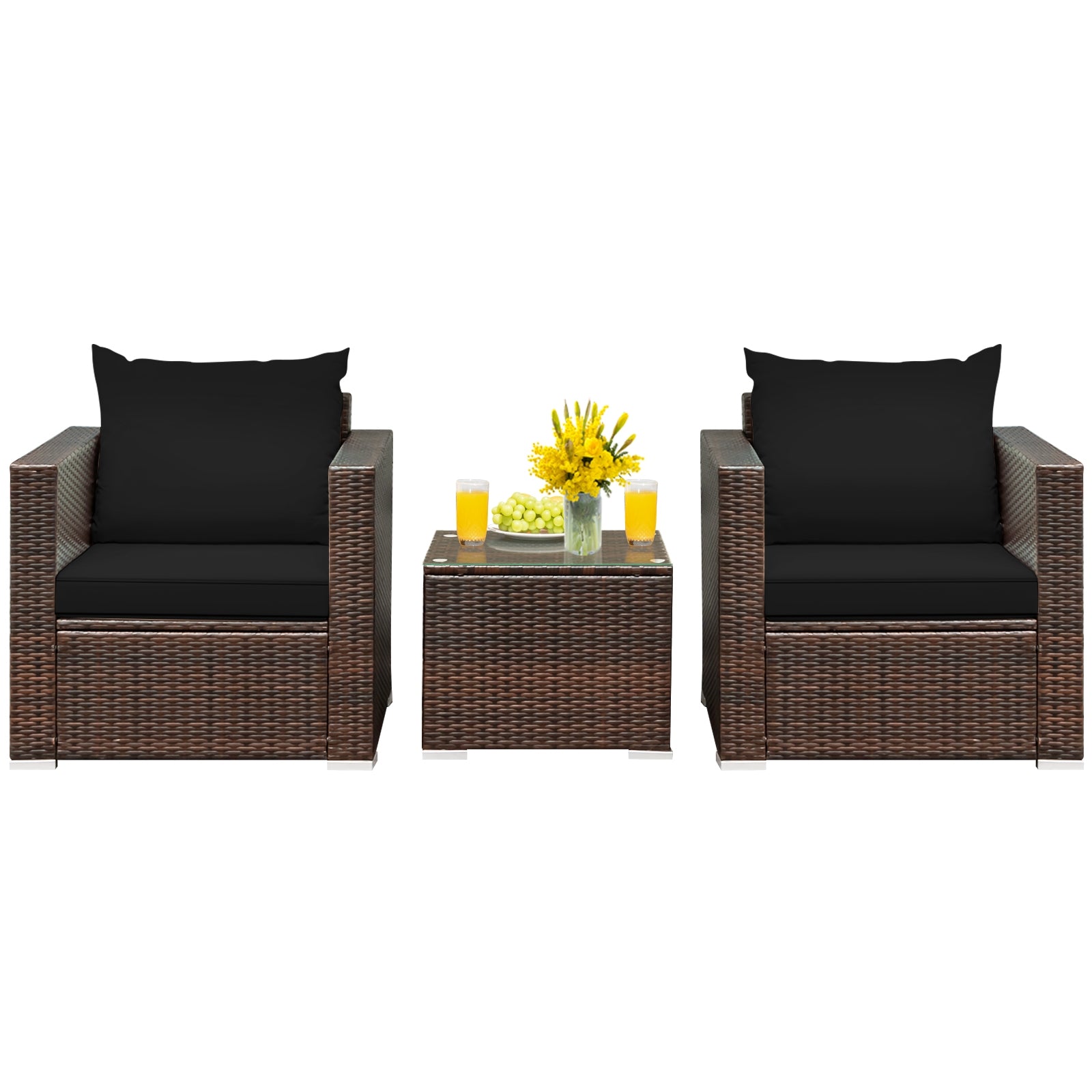 3 Pcs Patio Conversation Rattan Furniture Set with Cushion, Black Patio Conversation Sets Black at Gallery Canada