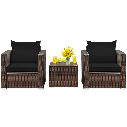 3 Pcs Patio Conversation Rattan Furniture Set with Cushion, Black Patio Conversation Sets Black at Gallery Canada