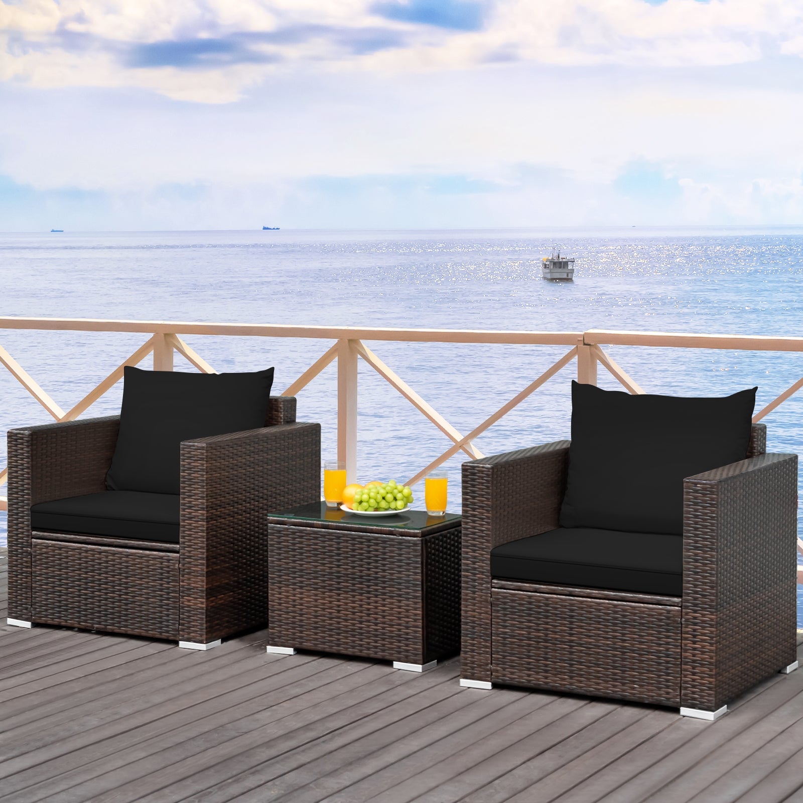 3 Pcs Patio Conversation Rattan Furniture Set with Cushion, Black Patio Conversation Sets at Gallery Canada