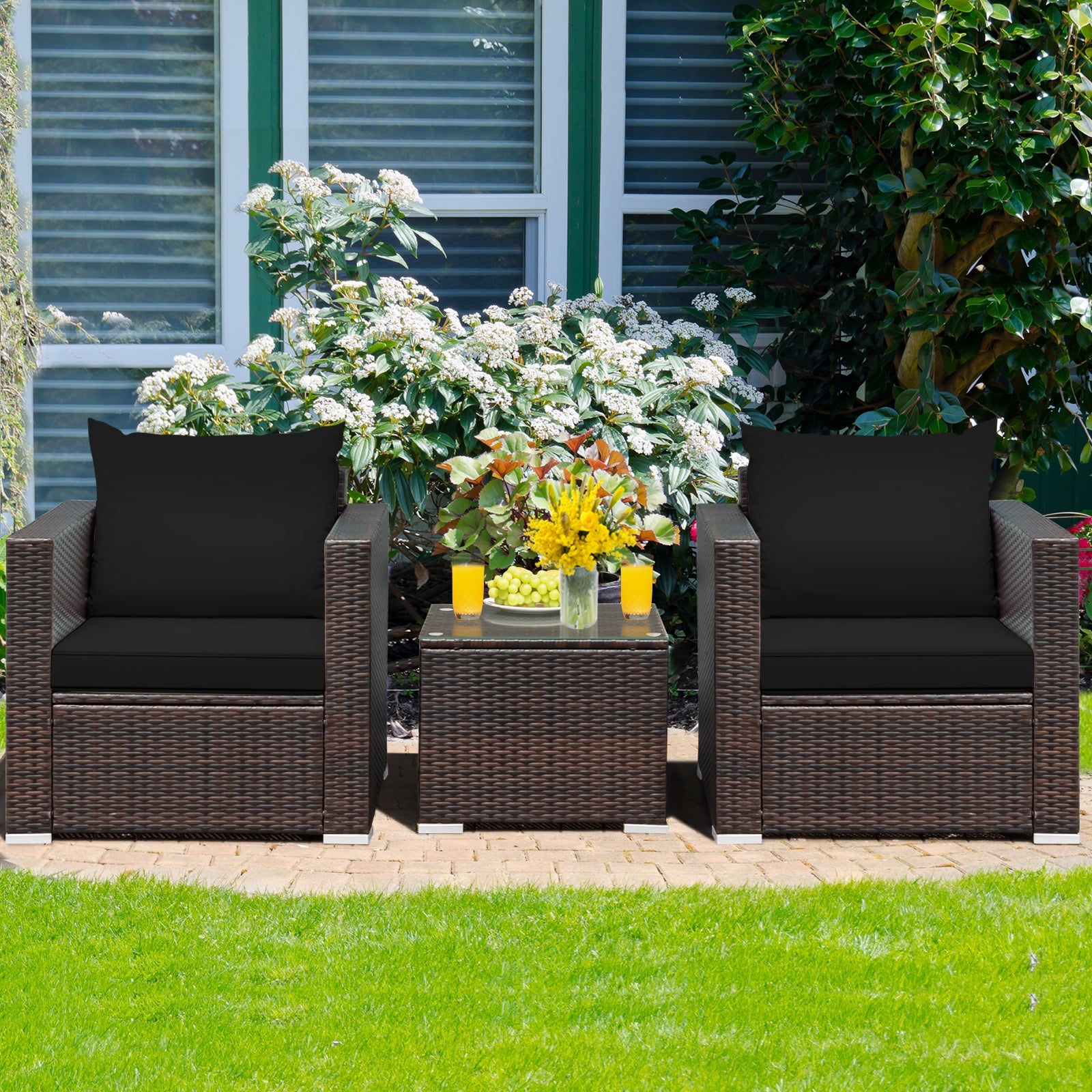 3 Pcs Patio Conversation Rattan Furniture Set with Cushion, Black Patio Conversation Sets at Gallery Canada