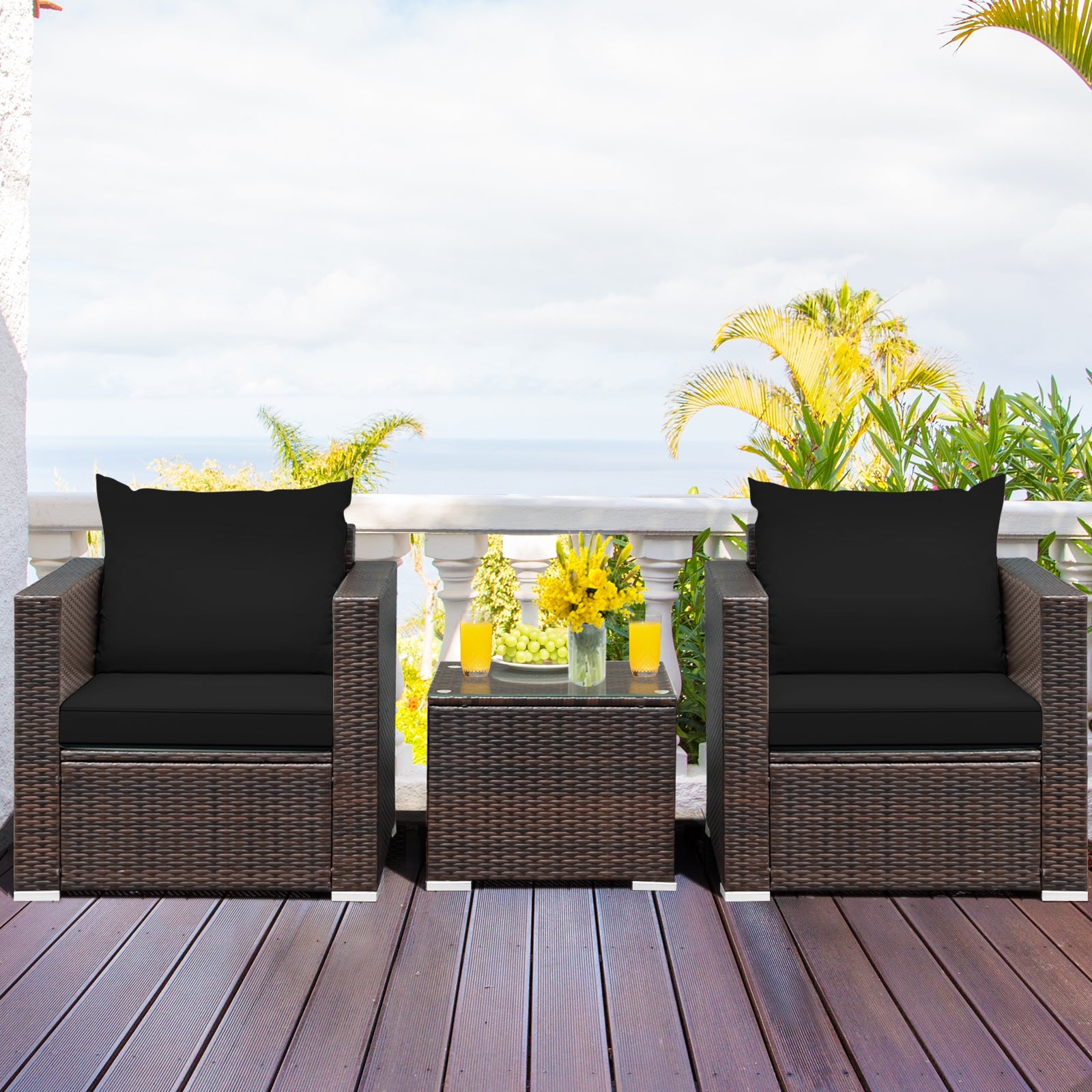 3 Pcs Patio Conversation Rattan Furniture Set with Cushion, Black Patio Conversation Sets at Gallery Canada