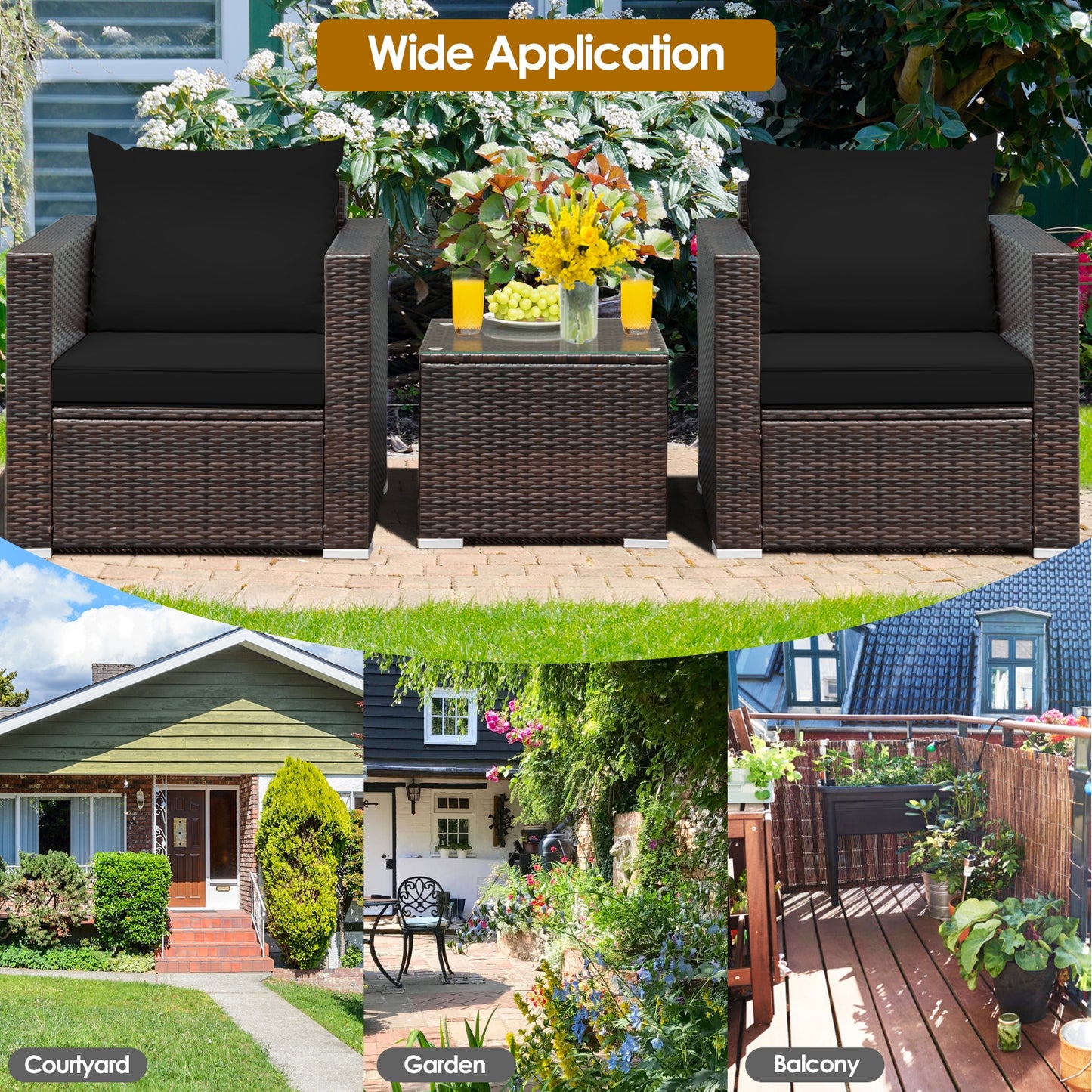 3 Pcs Patio Conversation Rattan Furniture Set with Cushion, Black Patio Conversation Sets at Gallery Canada