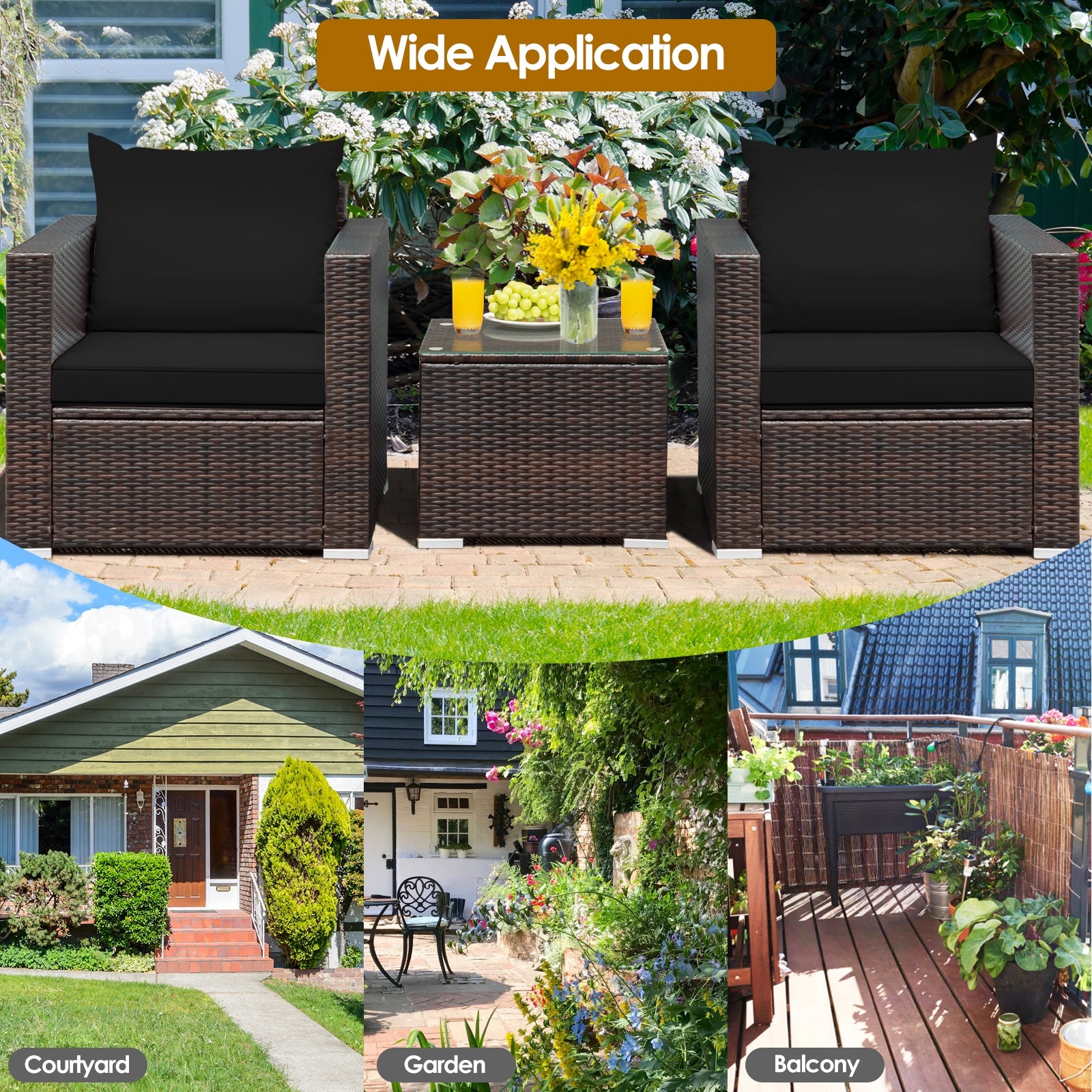 3 Pcs Patio Conversation Rattan Furniture Set with Cushion, Black Patio Conversation Sets at Gallery Canada