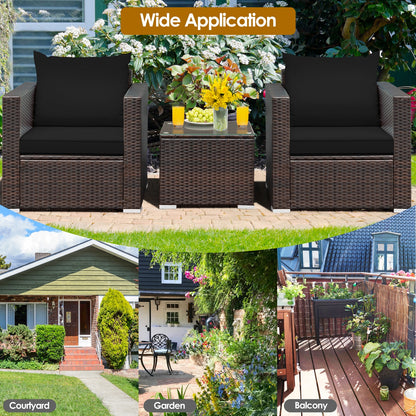 3 Pcs Patio Conversation Rattan Furniture Set with Cushion, Black Patio Conversation Sets at Gallery Canada