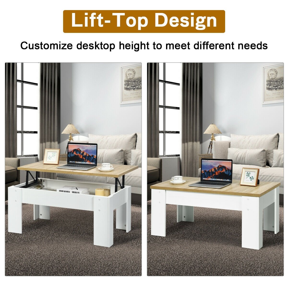 Lift Top Coffee Pop-UP Cocktail Table, White - Gallery Canada