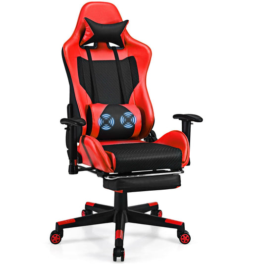 PU Leather Gaming Chair with USB Massage Lumbar Pillow and Footrest, Red at Gallery Canada