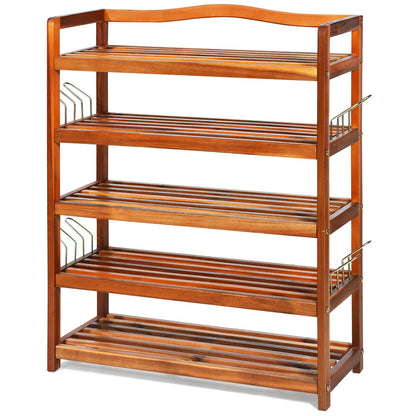 5-Tier Acacia Wood Shoe Rack with Side Metal Hooks, Natural Shoe Racks & Storage Benches at Gallery Canada