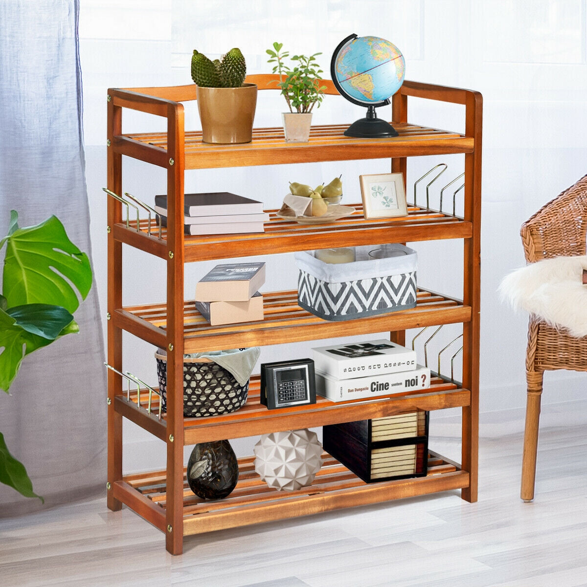 5-Tier Acacia Wood Shoe Rack with Side Metal Hooks, Natural Shoe Racks & Storage Benches at Gallery Canada