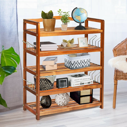 5-Tier Acacia Wood Shoe Rack with Side Metal Hooks, Natural
