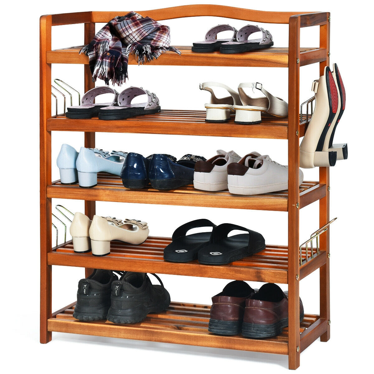 5-Tier Acacia Wood Shoe Rack with Side Metal Hooks, Natural Shoe Racks & Storage Benches at Gallery Canada