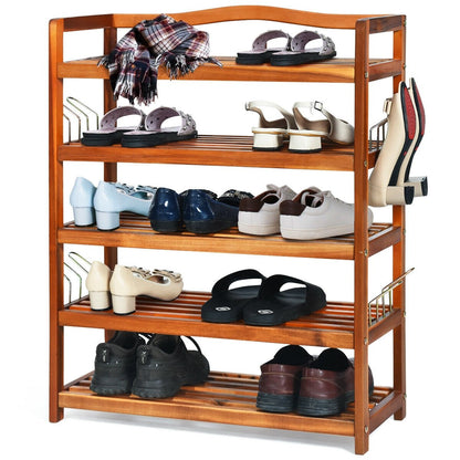 5-Tier Acacia Wood Shoe Rack with Side Metal Hooks, Natural