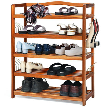 5-Tier Acacia Wood Shoe Rack with Side Metal Hooks, Natural Shoe Racks & Storage Benches at Gallery Canada