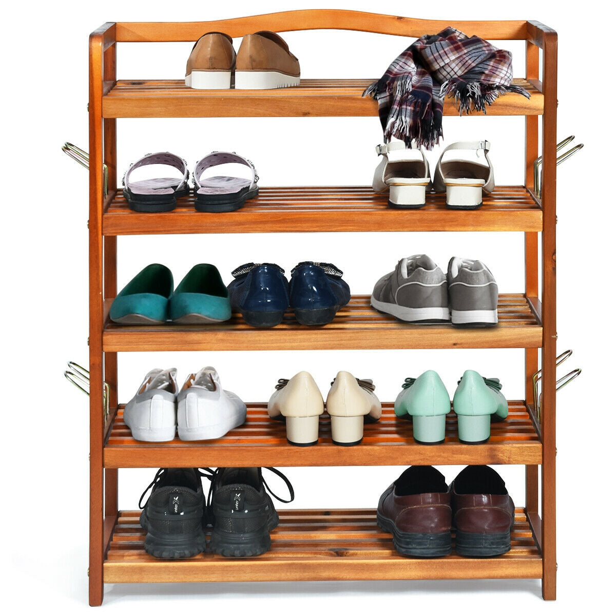 5-Tier Acacia Wood Shoe Rack with Side Metal Hooks, Natural Shoe Racks & Storage Benches at Gallery Canada