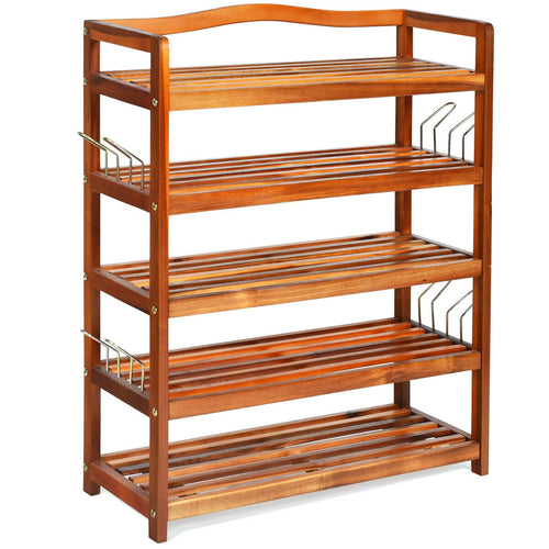 5-Tier Acacia Wood Shoe Rack With Side Metal Hooks, Natural