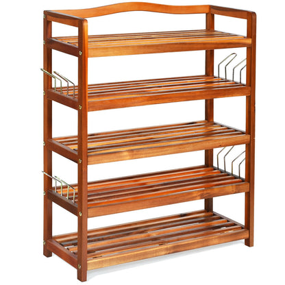 5-Tier Acacia Wood Shoe Rack With Side Metal Hooks, Natural