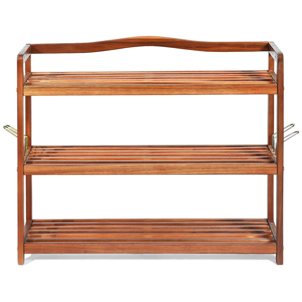3-Tier Acacia Wood Shoe Rack with Side Metal Hooks, Natural Shoe Racks & Storage Benches at Gallery Canada