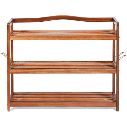 3-Tier Acacia Wood Shoe Rack with Side Metal Hooks, Natural Shoe Racks & Storage Benches at Gallery Canada