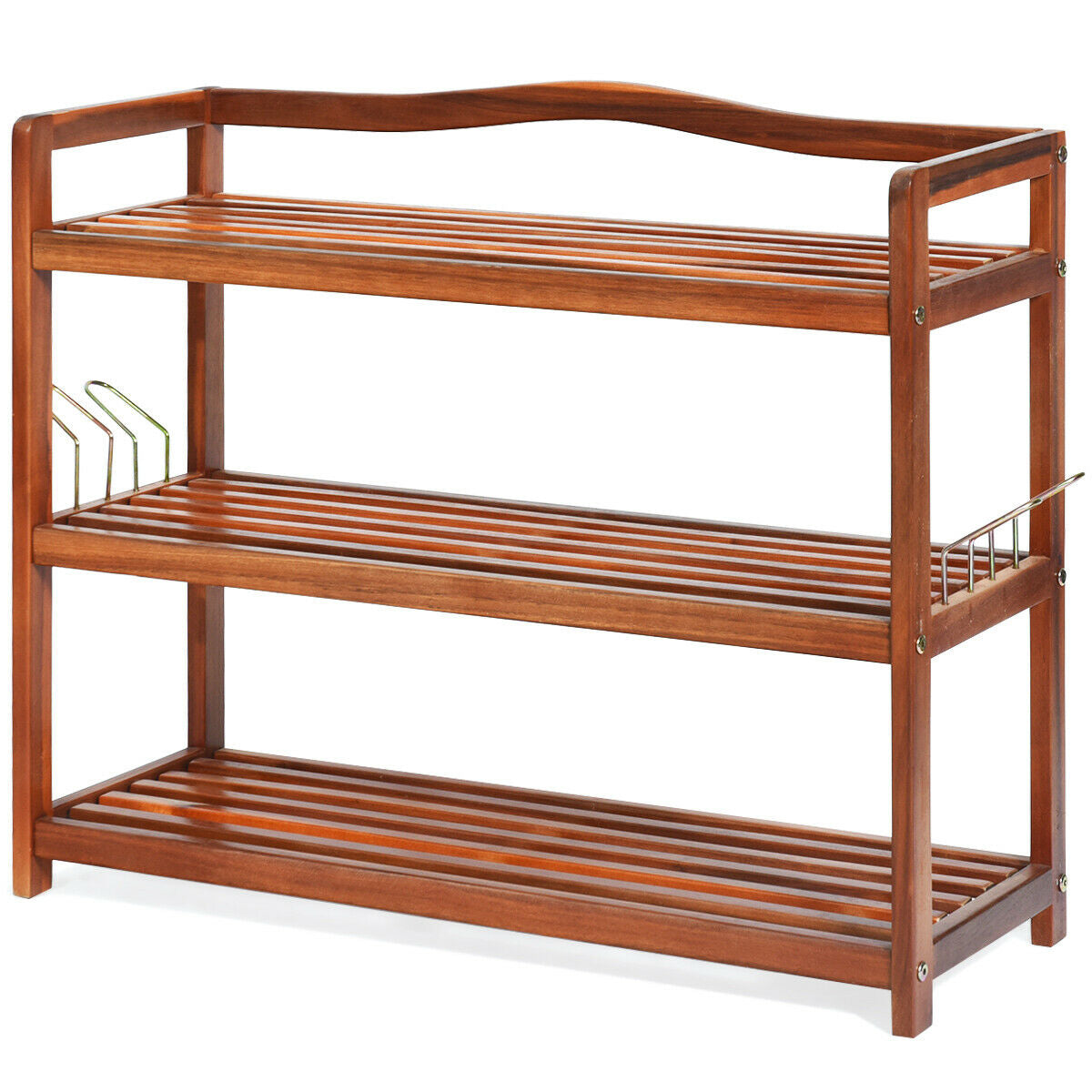 3-Tier Acacia Wood Shoe Rack with Side Metal Hooks, Natural Shoe Racks & Storage Benches at Gallery Canada
