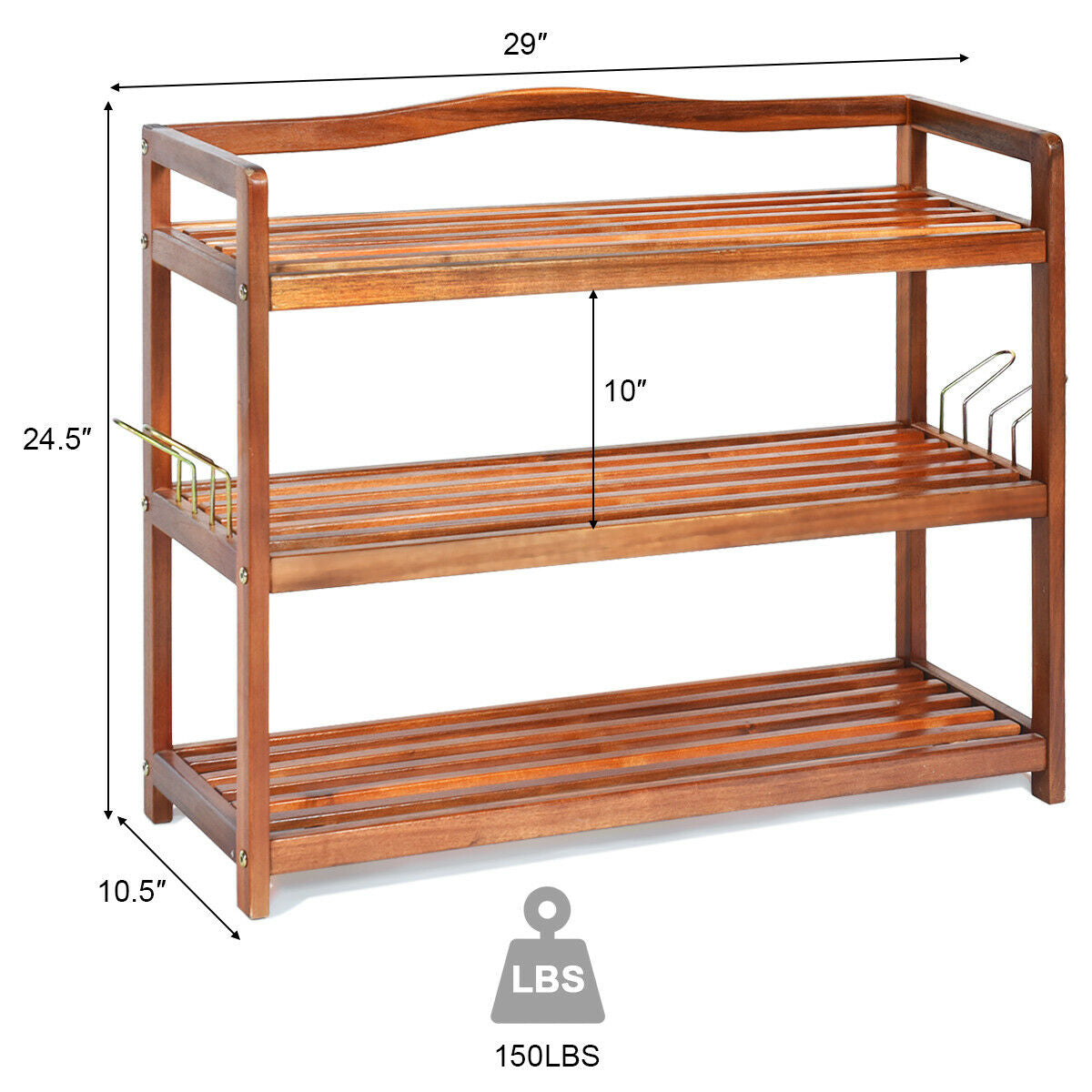 3-Tier Acacia Wood Shoe Rack with Side Metal Hooks, Natural Shoe Racks & Storage Benches at Gallery Canada