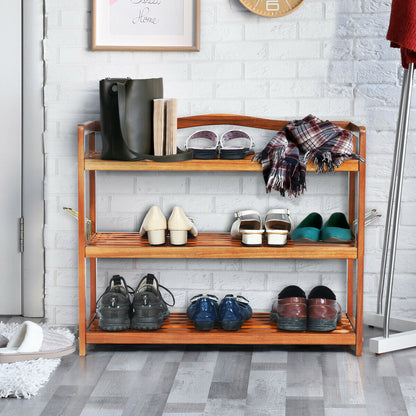 3-Tier Acacia Wood Shoe Rack with Side Metal Hooks, Natural Shoe Racks & Storage Benches at Gallery Canada