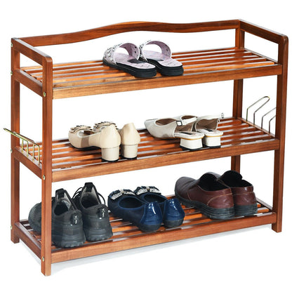 3-Tier Acacia Wood Shoe Rack with Side Metal Hooks, Natural - Gallery Canada