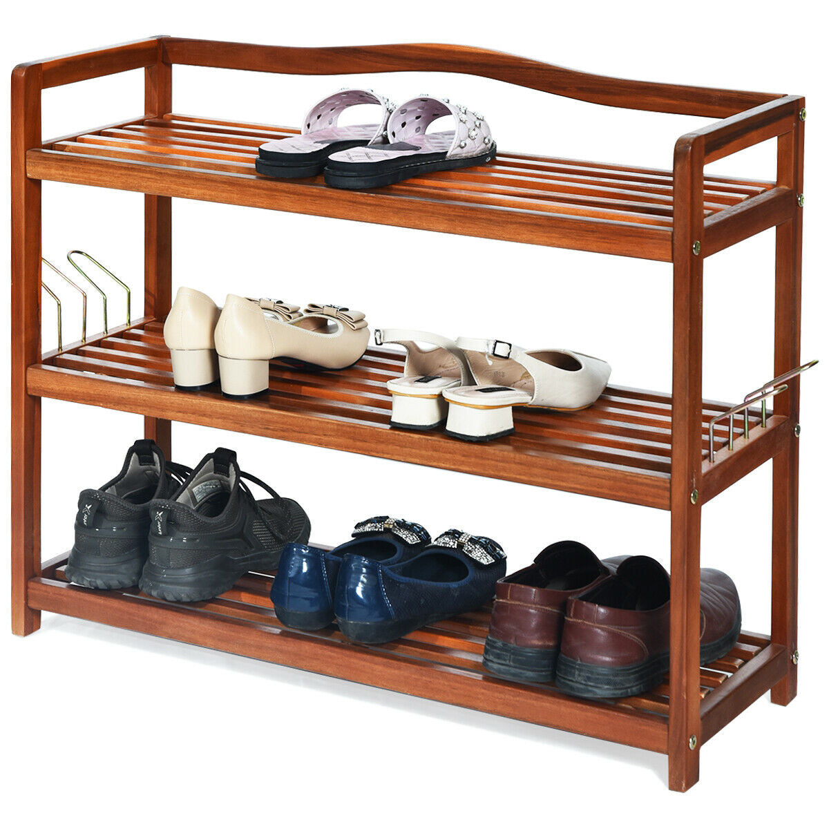 3-Tier Acacia Wood Shoe Rack with Side Metal Hooks, Natural Shoe Racks & Storage Benches at Gallery Canada