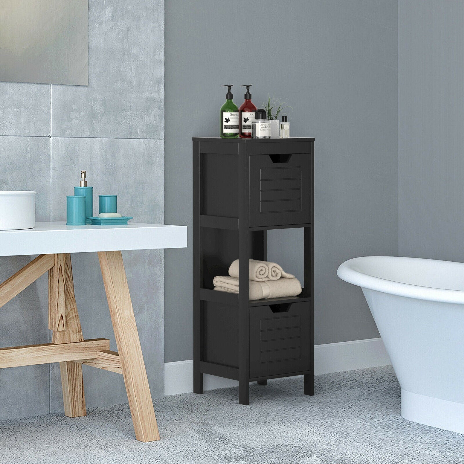 Bathroom Wooden Floor Cabinet Multifunction Storage Rack Stand Organizer, Black Floor Cabinets at Gallery Canada