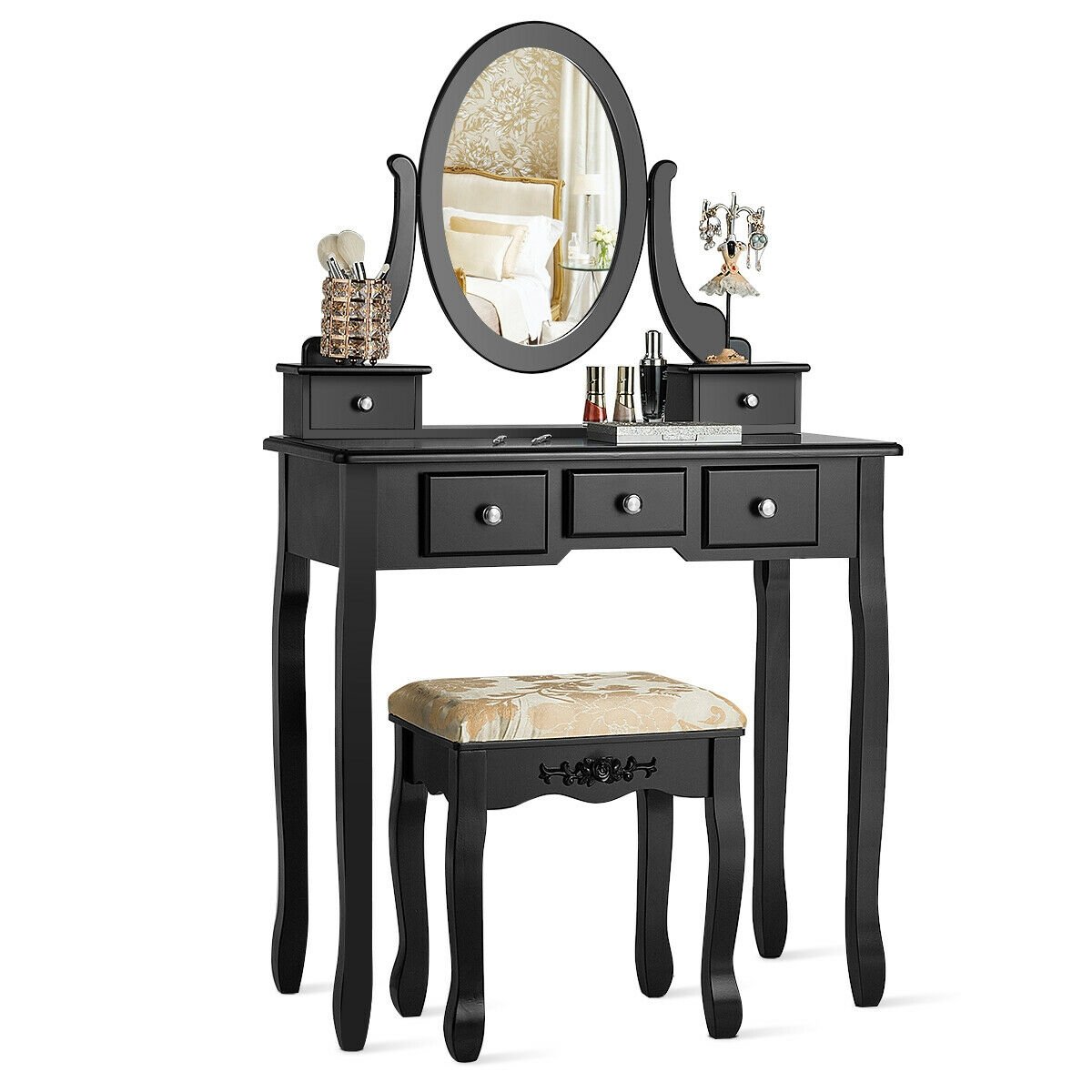 Vanity Make Up Table Set Dressing Table Set with 5 Drawers, Black - Gallery Canada