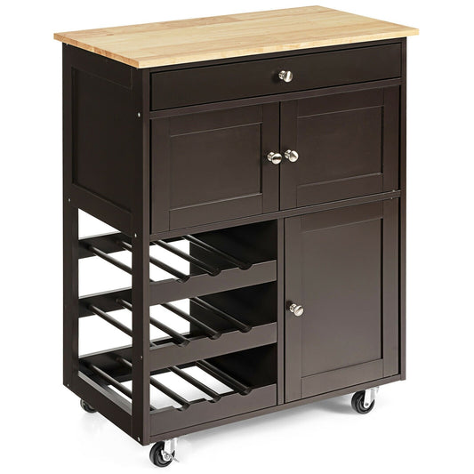 Kitchen Cart with Rubber Wood Top 3 Tier Wine Racks 2 Cabinets, Brown - Gallery Canada