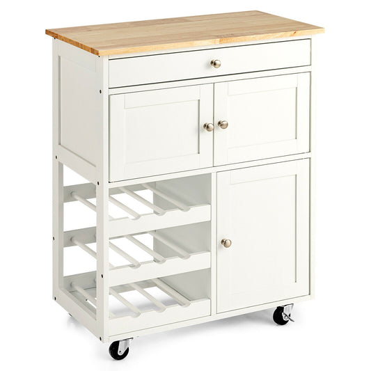 Kitchen Cart with Rubber Wood Top 3 Tier Wine Racks 2 Cabinets, White - Gallery Canada
