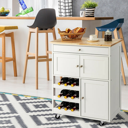 Kitchen Cart with Rubber Wood Top 3 Tier Wine Racks 2 Cabinets, White - Gallery Canada