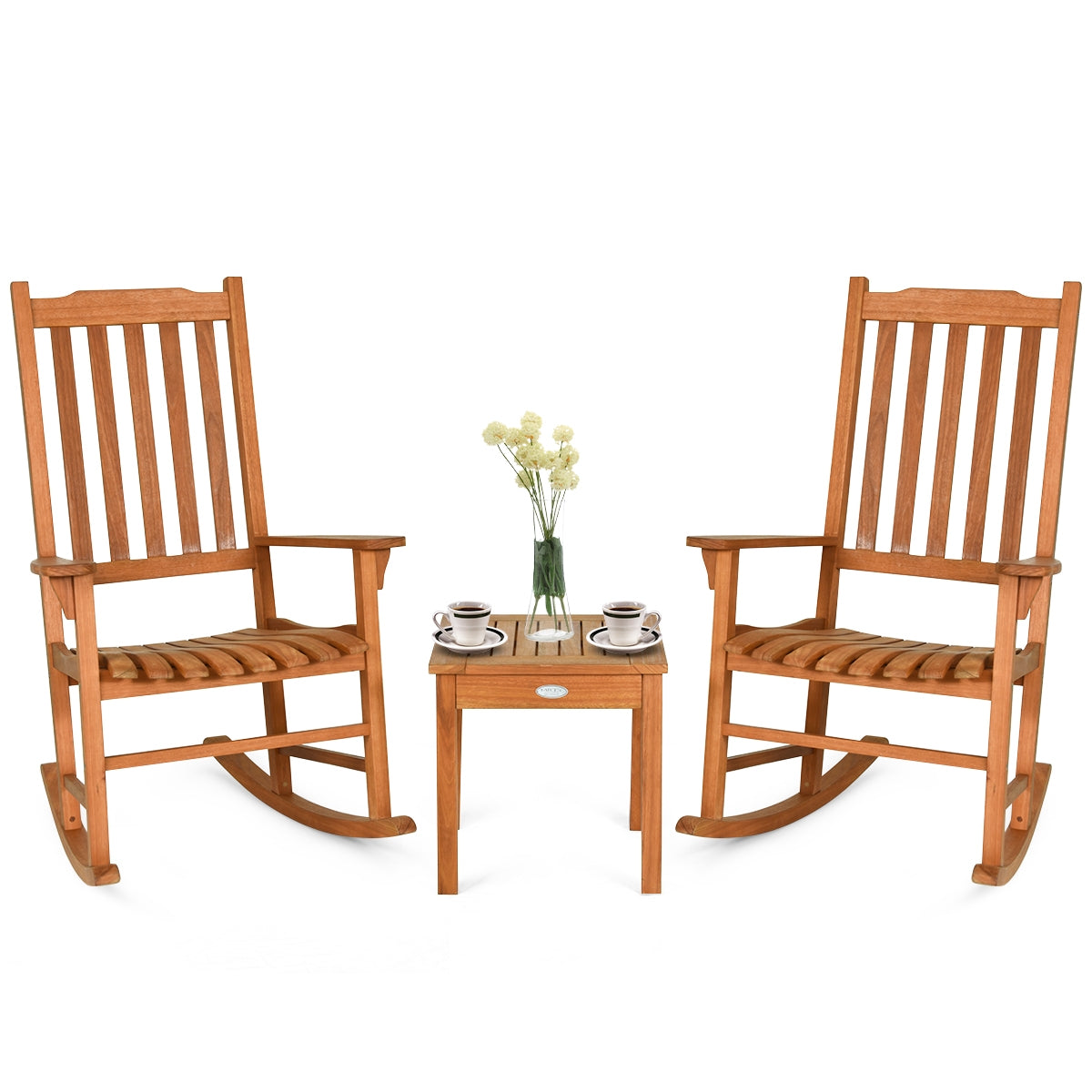 3 Piece Eucalyptus Rocking Chair Set, Coffee Table, Natural