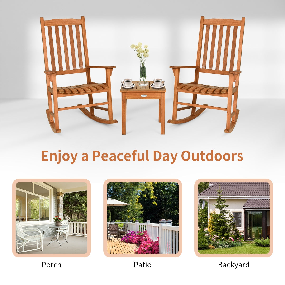 3 Pieces Eucalyptus Rocking Chair Set with Coffee Table , Natural Patio Conversation Sets at Gallery Canada