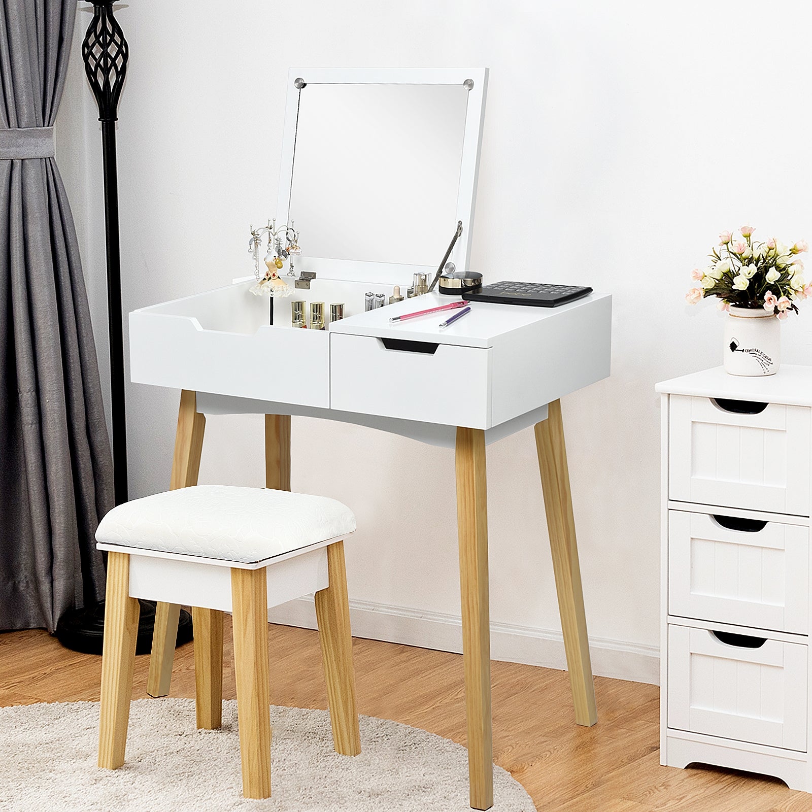 Wooden Vanity Table with Flip Top Mirror and Cushioned Stool, White Makeup Vanities at Gallery Canada