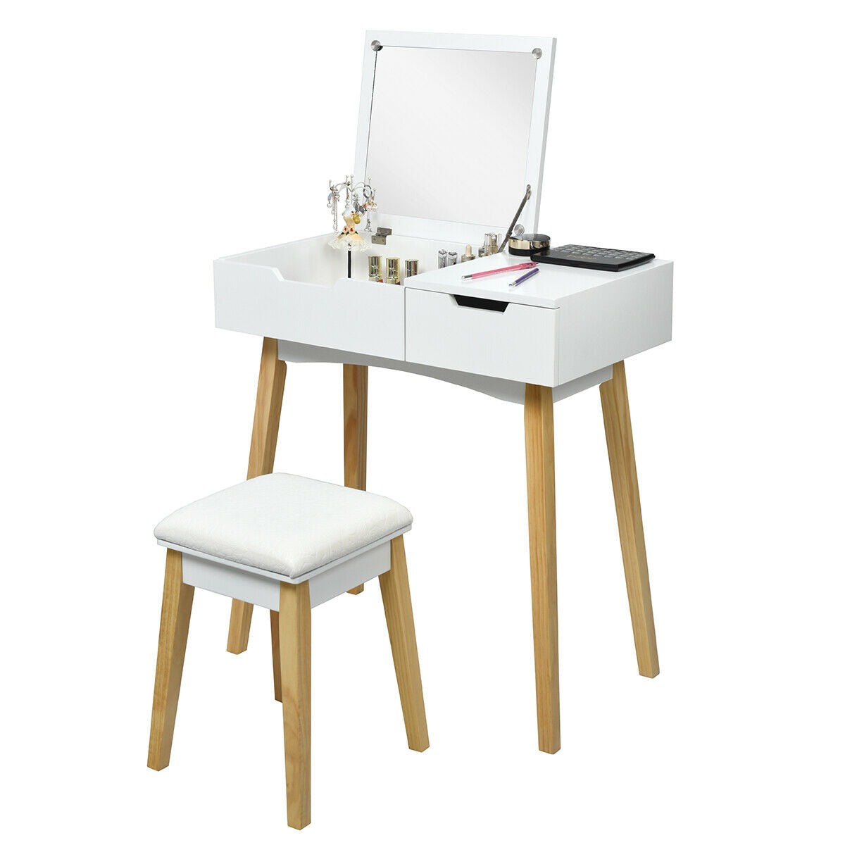 Wooden Vanity Table with Flip Top Mirror and Cushioned Stool, White Makeup Vanities at Gallery Canada