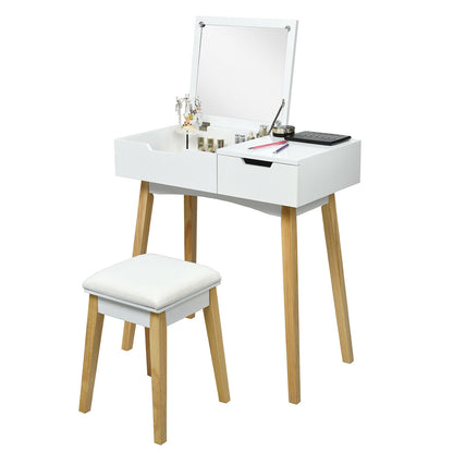 Wooden Vanity Table with Flip Top Mirror and Cushioned Stool, White Makeup Vanities at Gallery Canada